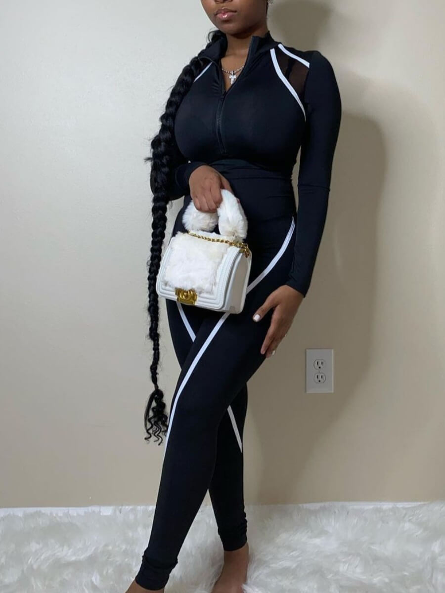 

Lovely Sportswear Turndown Collar Patchwork Skinny Black One-piece Jumpsuit