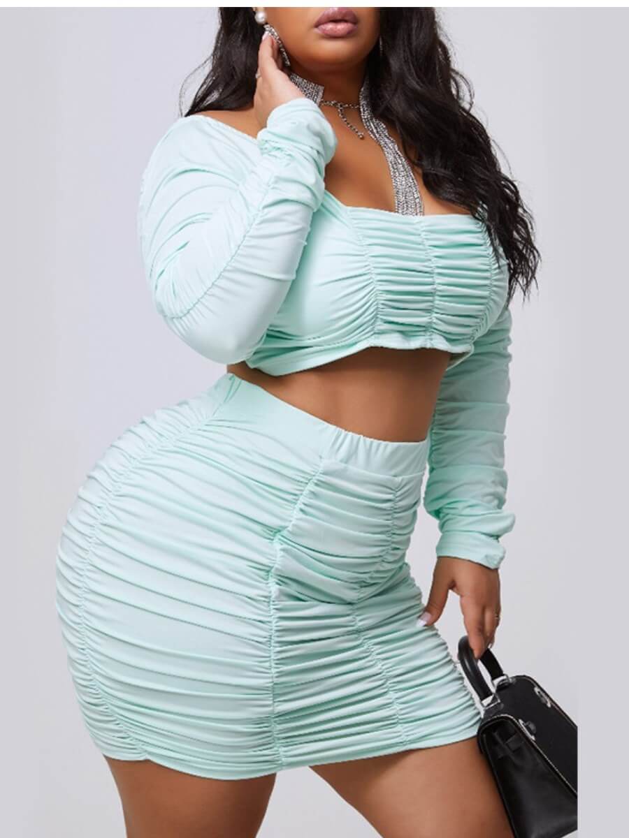 

Lovely Leisure Square Collar Fold Design Blue Plus Size Two-piece Skirt Set