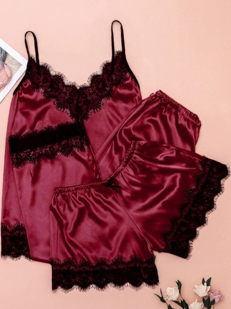 

Lovely Sexy Lace Hem Wine Red Sleepwear