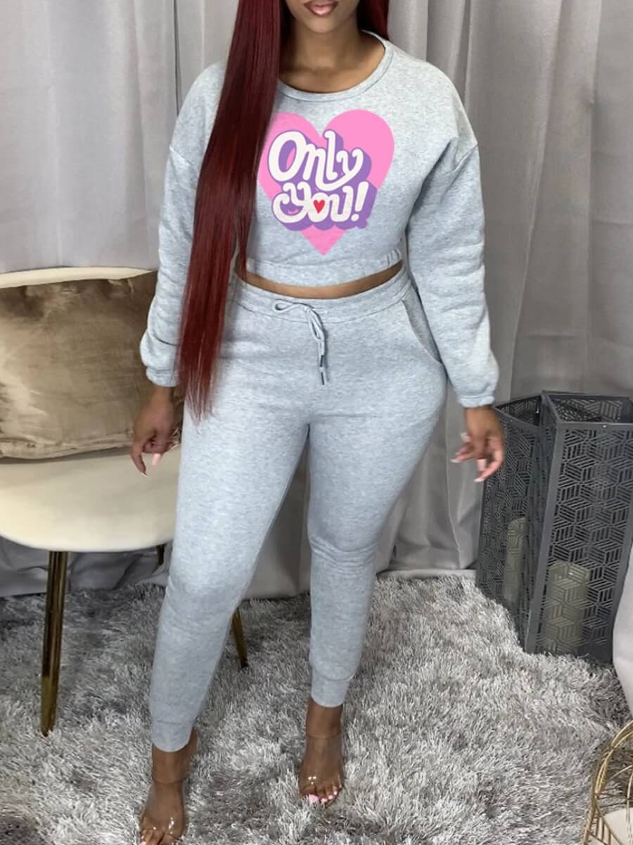

Lovely Casual O Neck Print Light Grey Two Piece Pants Set