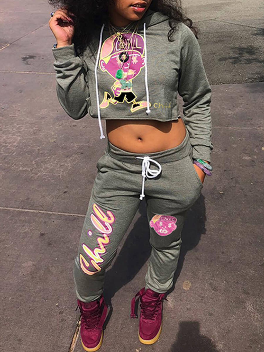

Lovely Street Hooded Collar Print Grey Two Piece Pants Set