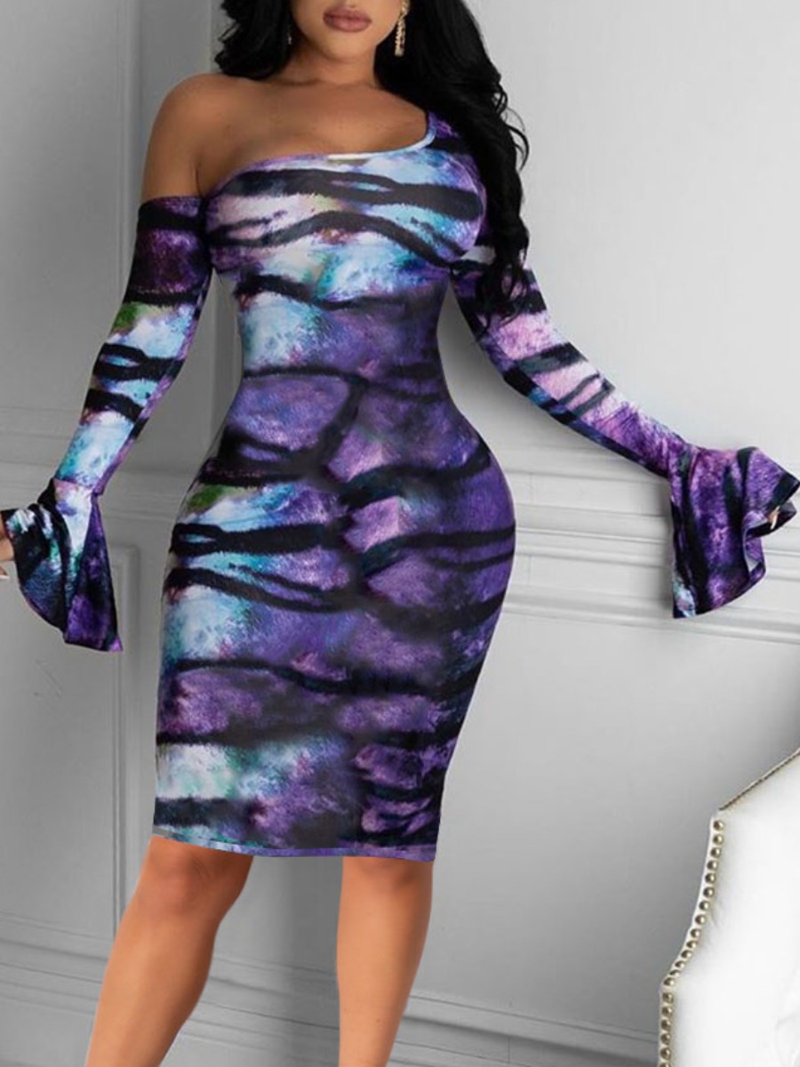 

LW One Shoulder Zebra Stripe Flared Dress, Purple