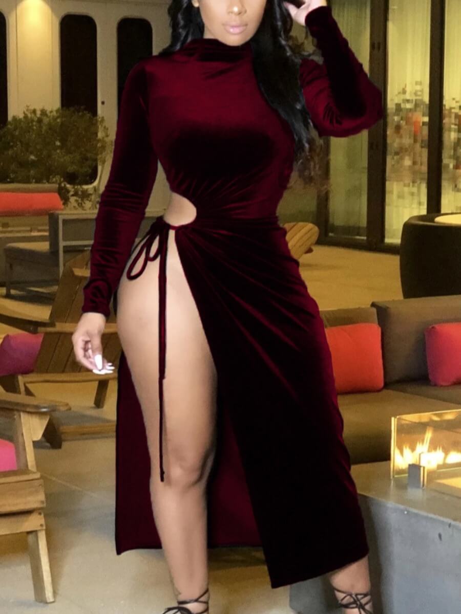 

Lovely Sexy Turtleneck Side High Slit Wine Red Mid Calf Dress
