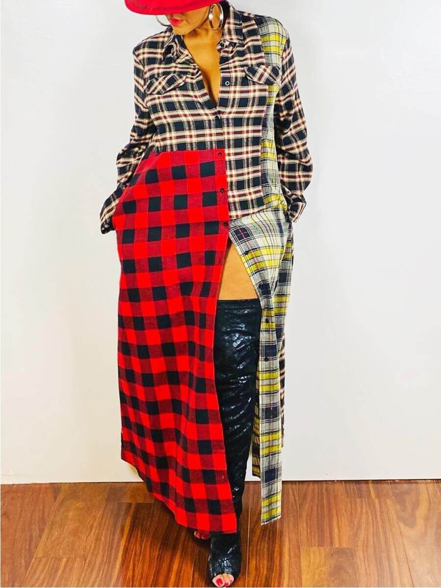 

LW Stylish Turndown Collar Grid Print Patchwork Red Ankle Length Dress