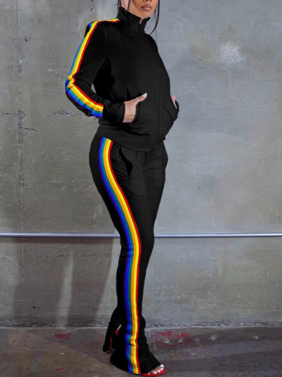 

Lovely Casual Turndown Collar Rainbow Striped Patchwork Black Two Piece Pants Set