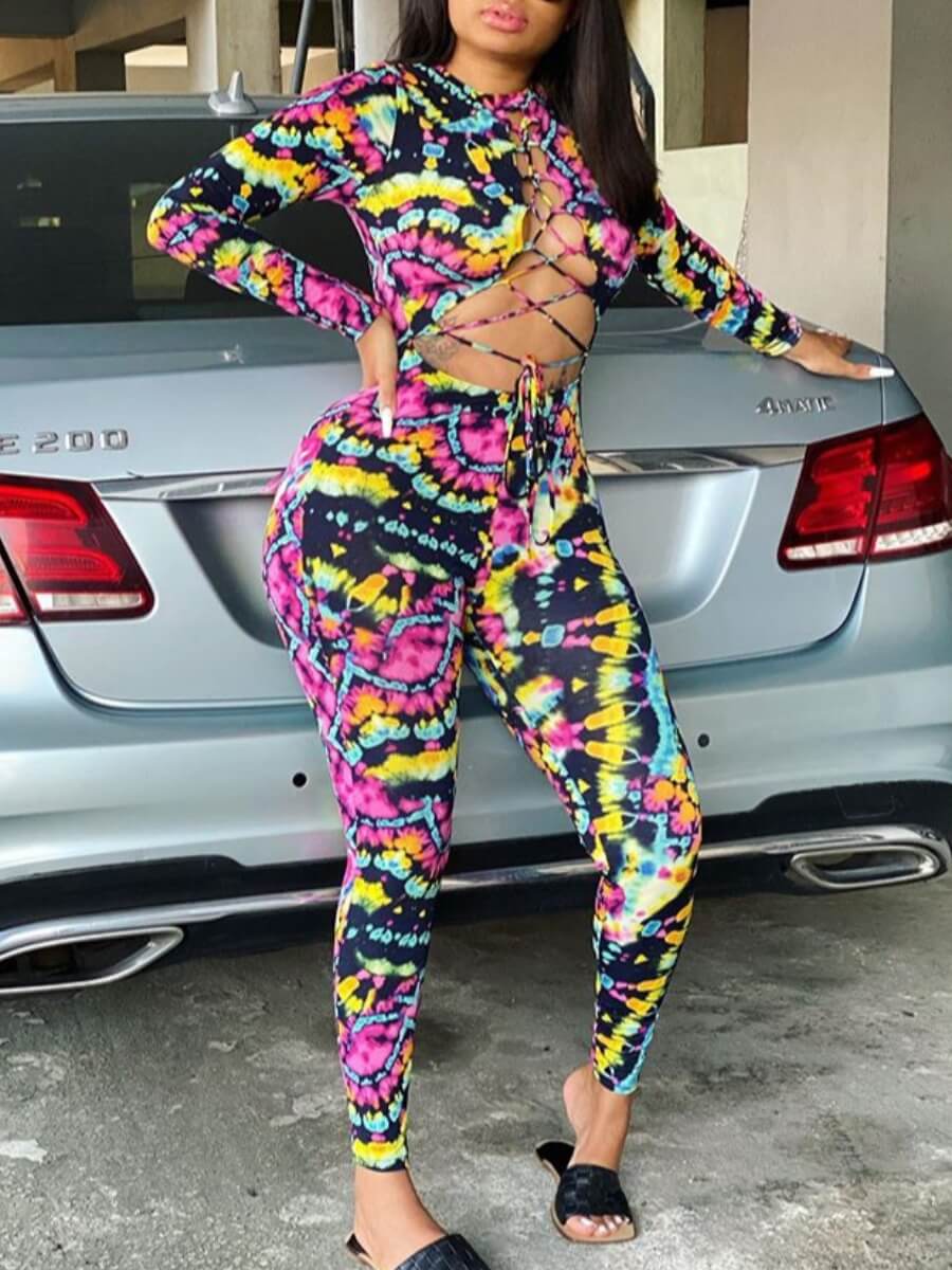 

Lovely Sexy Tie-dye Bandage Design Multicolor One-piece Jumpsuit, Multi