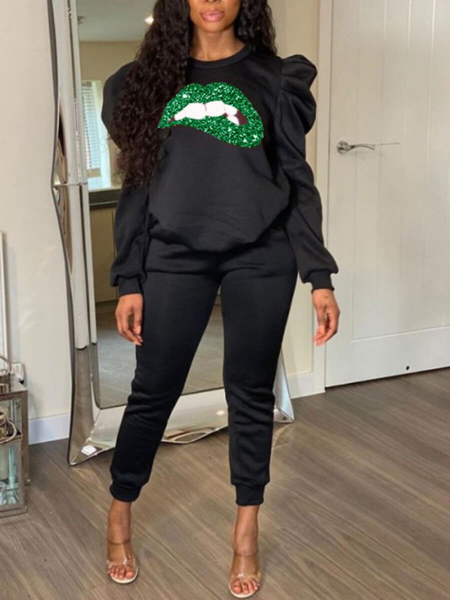 

Lovely Casual O Neck Lip Pint Green Two Piece Pants Set