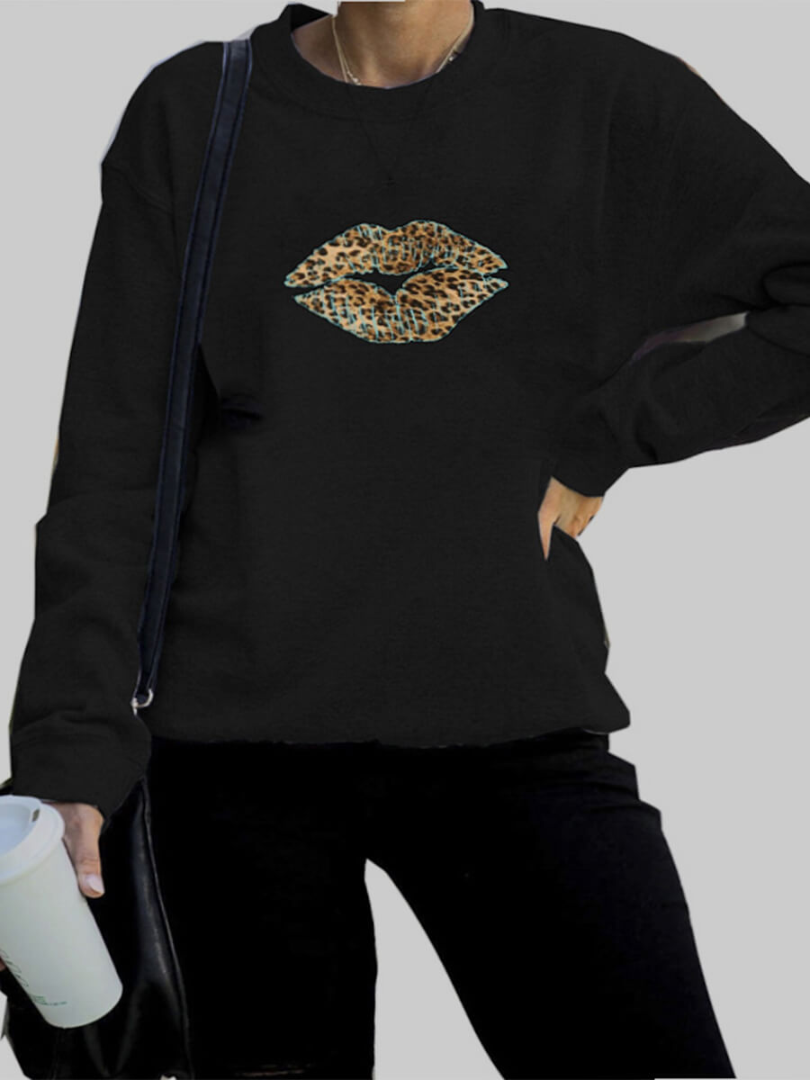 

Lovely Casual O Neck Lip Print Black Plus Size Hoodie