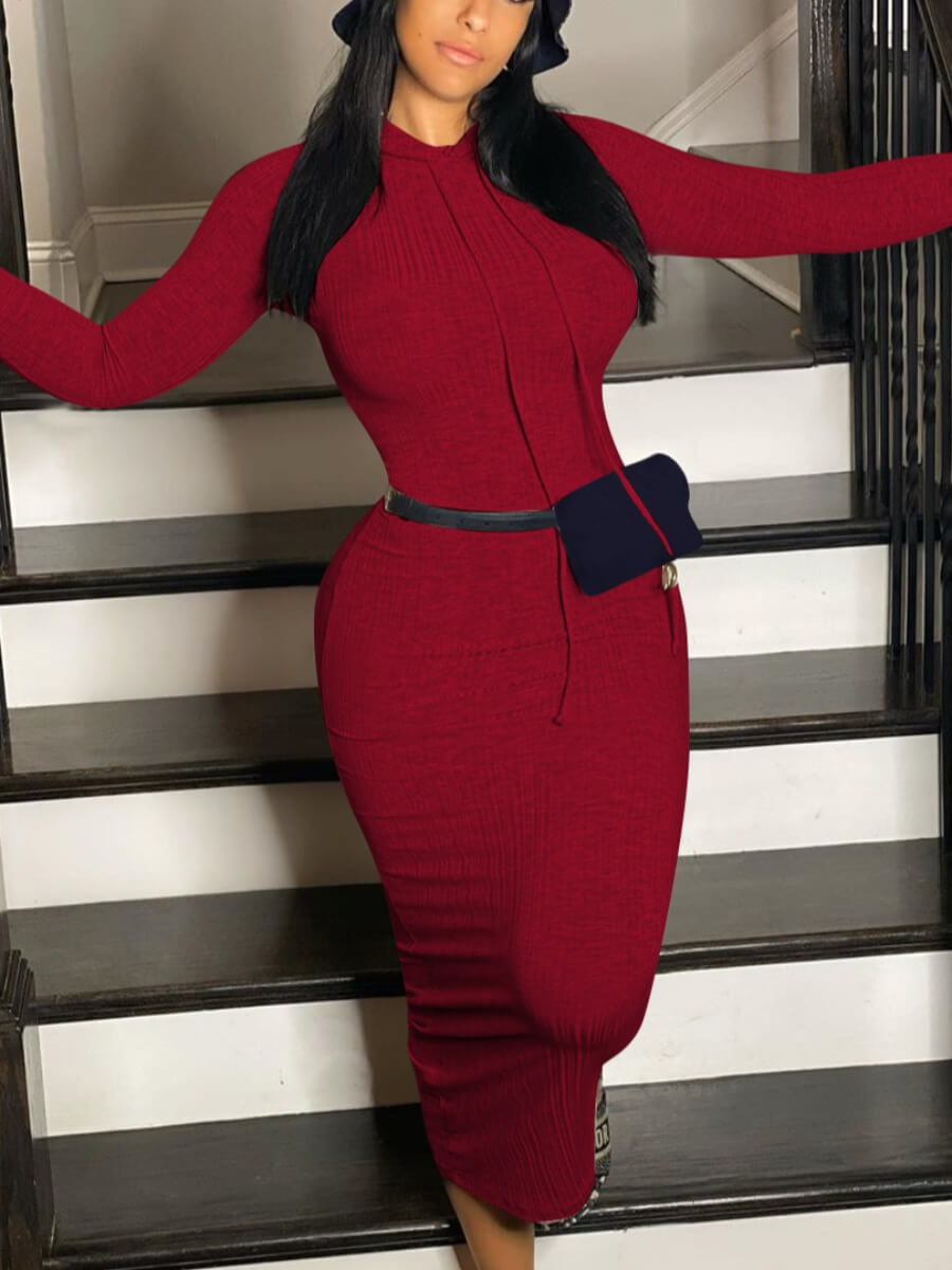 

Lovely Casual Hooded Collar Basic Wine Red Mid Calf Dress