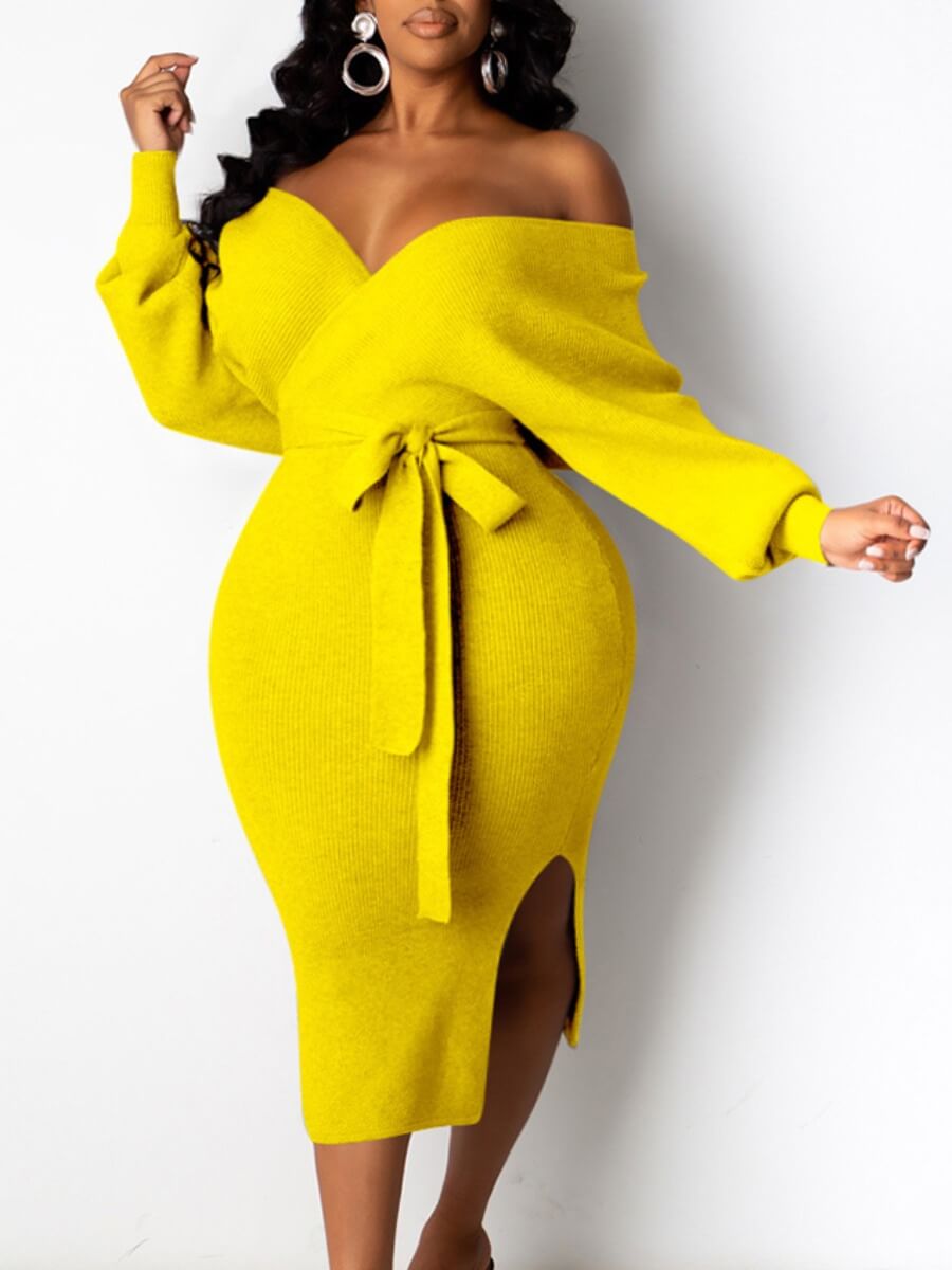 

Lovely Trendy Backless Lace-up Yellow Mid Calf Dress