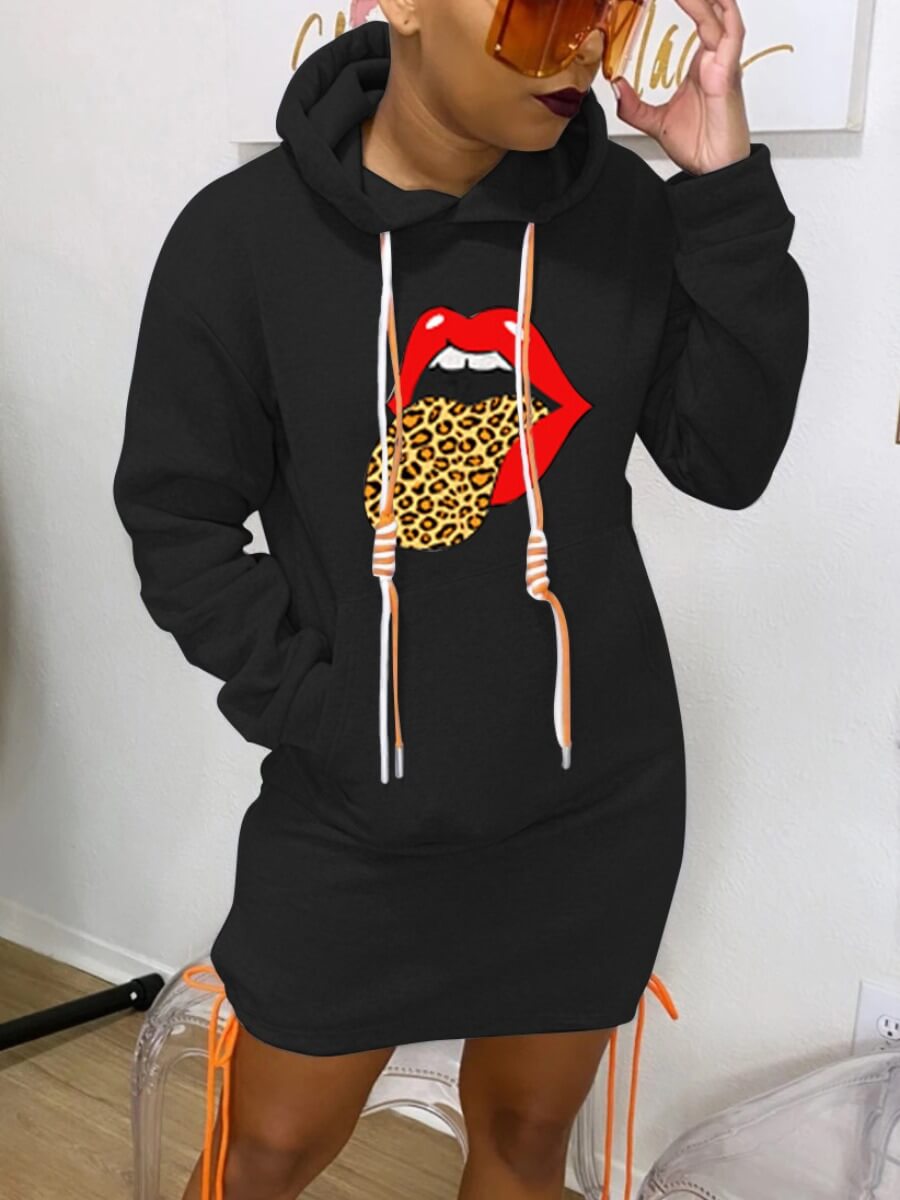 

Lovely Casual Hooded Collar Lip Print Black Mini Dress