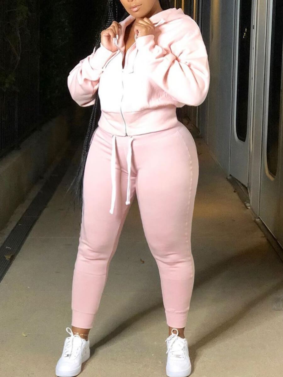 

Lovely Leisure Hooded Collar Zipper Design Pink Plus Size Two-piece Pants Set