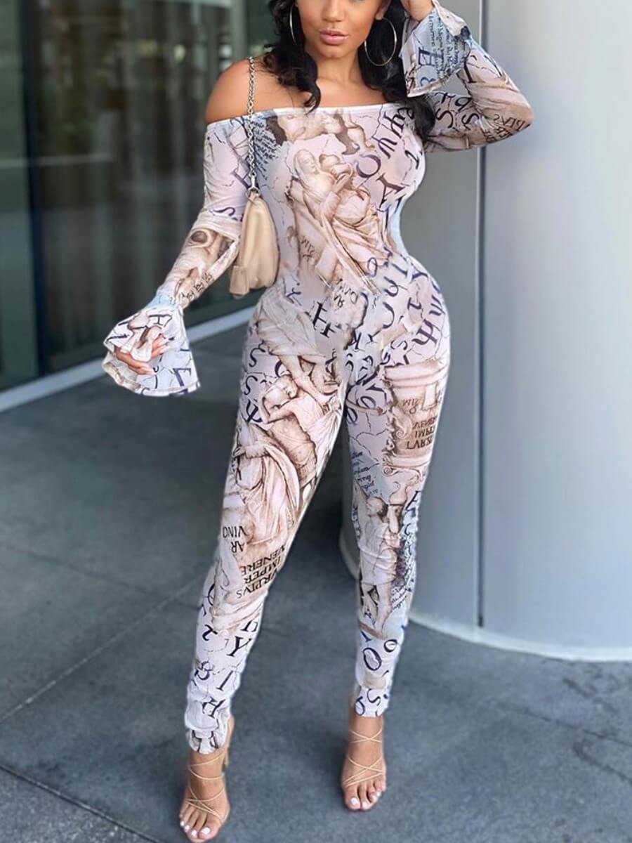 

Lovely Sexy Dew Shoulder Print White One-piece Jumpsuit(Batch Print