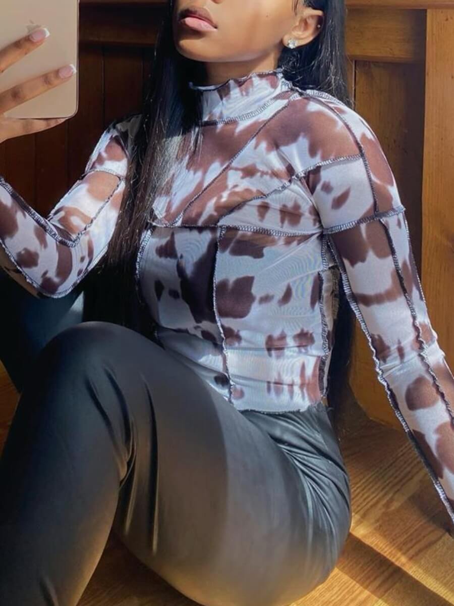 

Lovely Trendy Turtleneck Tie-dye Black T-shirt