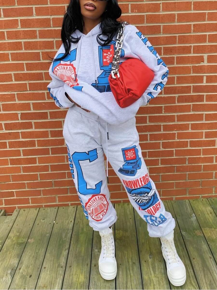 

Lovely Street Hooded Collar Print Grey Two Piece Pants Set, White