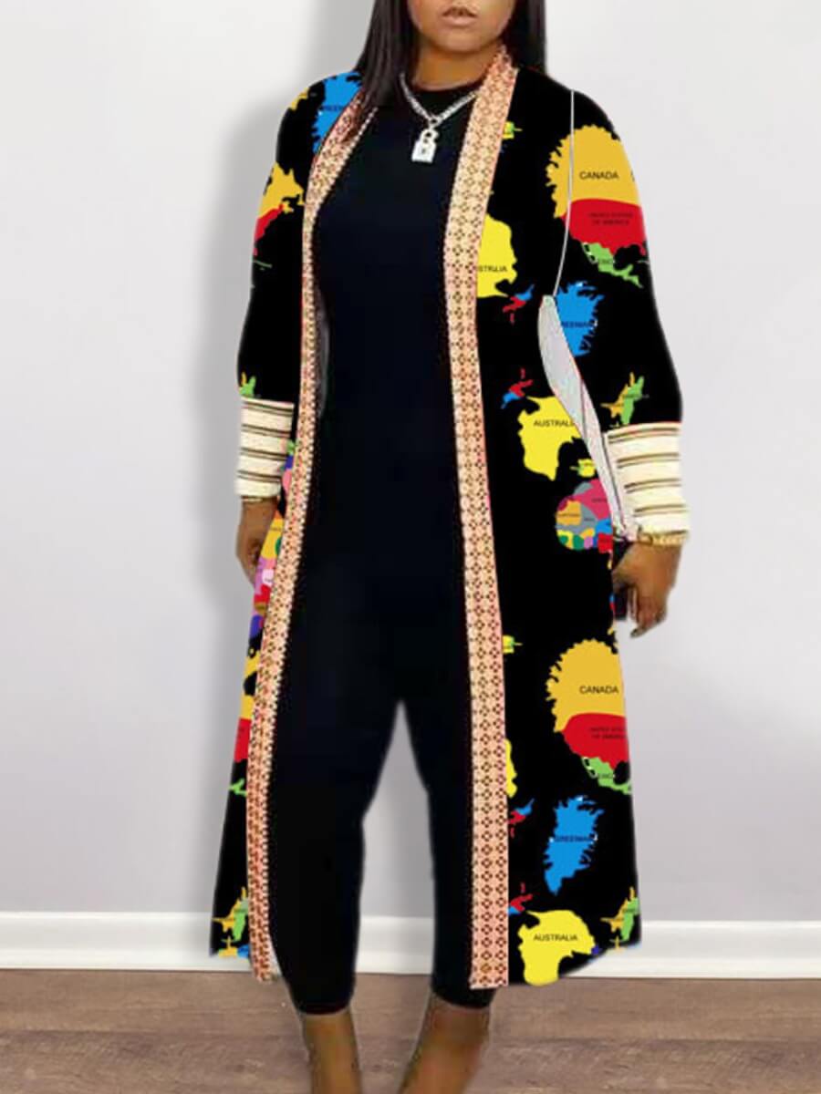

Lovely Casual Print Patchwork Black Long Trench Coat