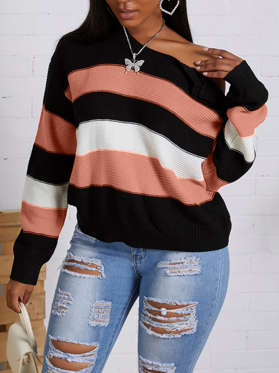 

Lovely Casual Striped Patchwork Pink Sweater
