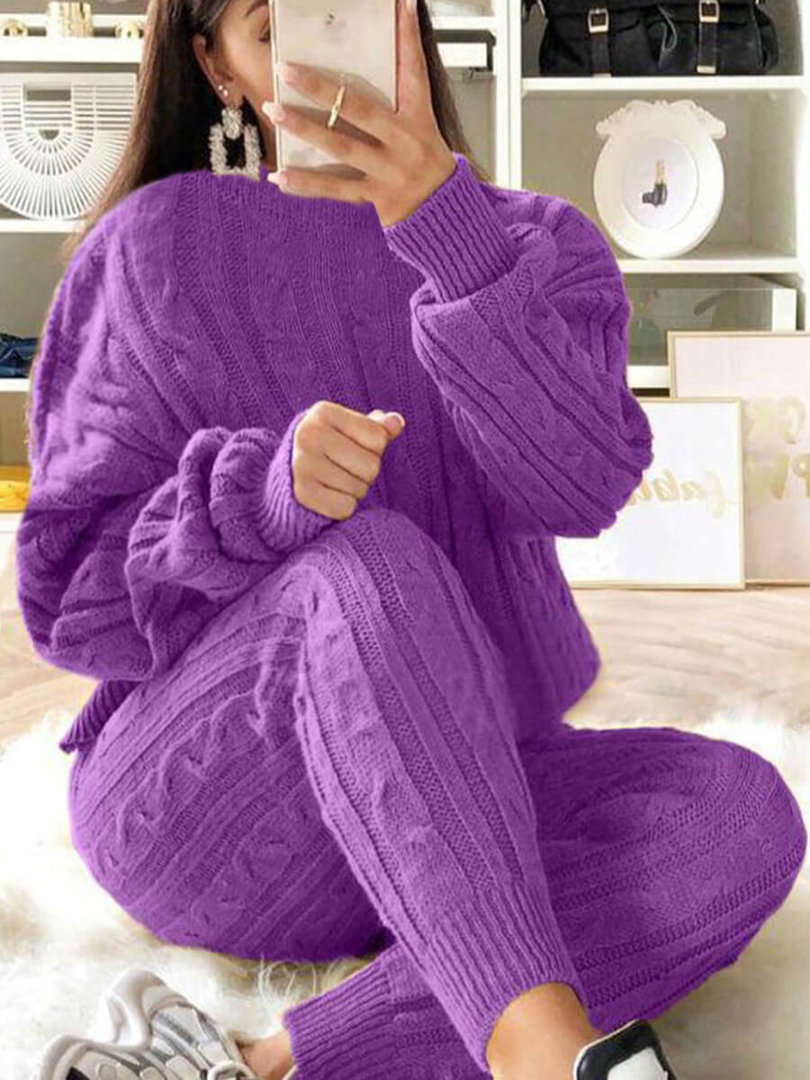 

Lovely Casual O Neck Striped Purple Plus Size Two-piece Pants Set