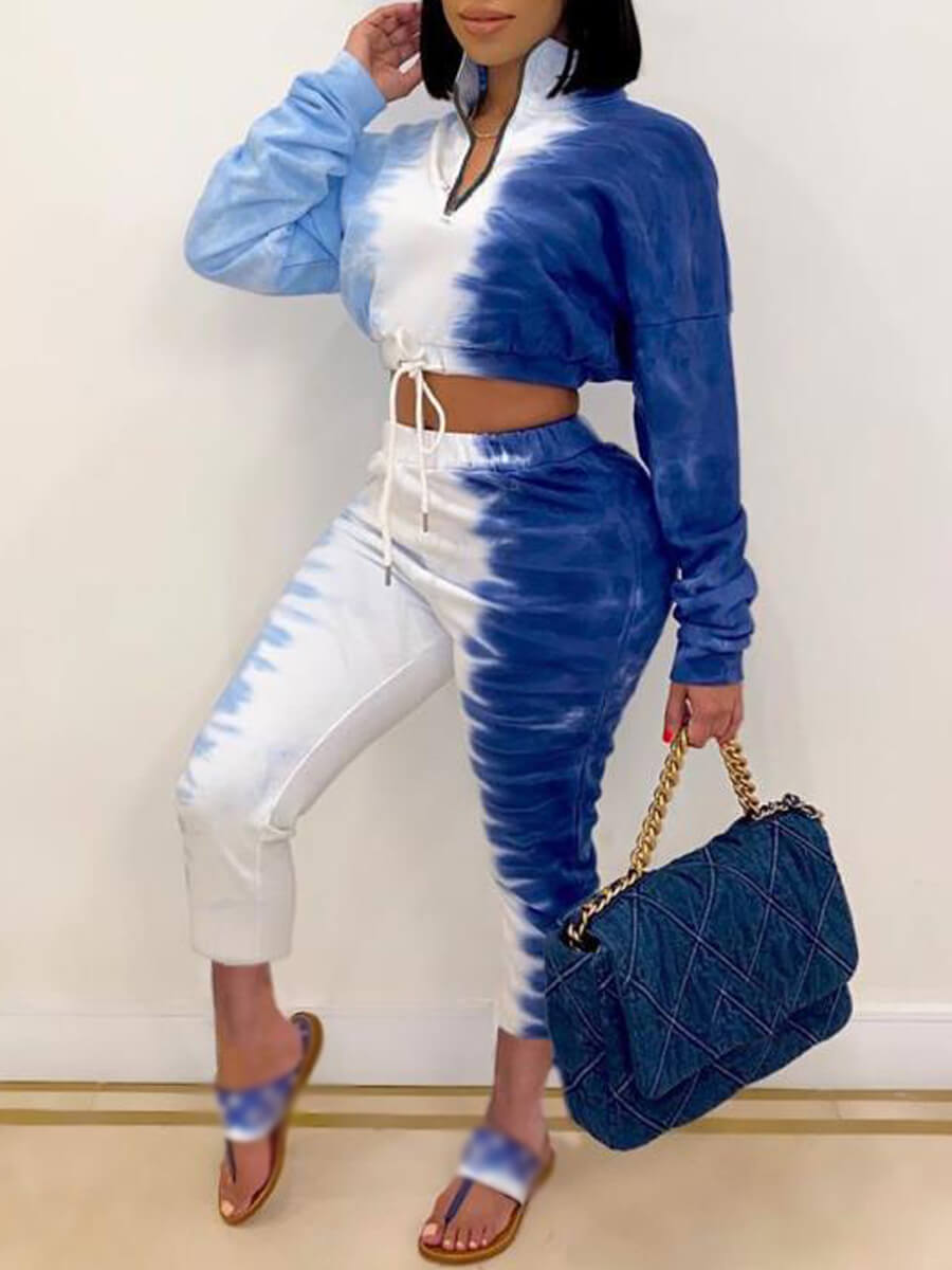 LW Tie Dye Zipper Design Crop Top Sweatshirt Set (Ankle length Pants)