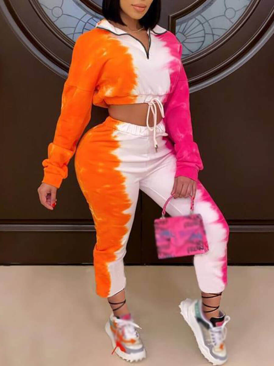 

Lovely Trendy Tie Dye Zipper Design Orange Two Piece Pants Set