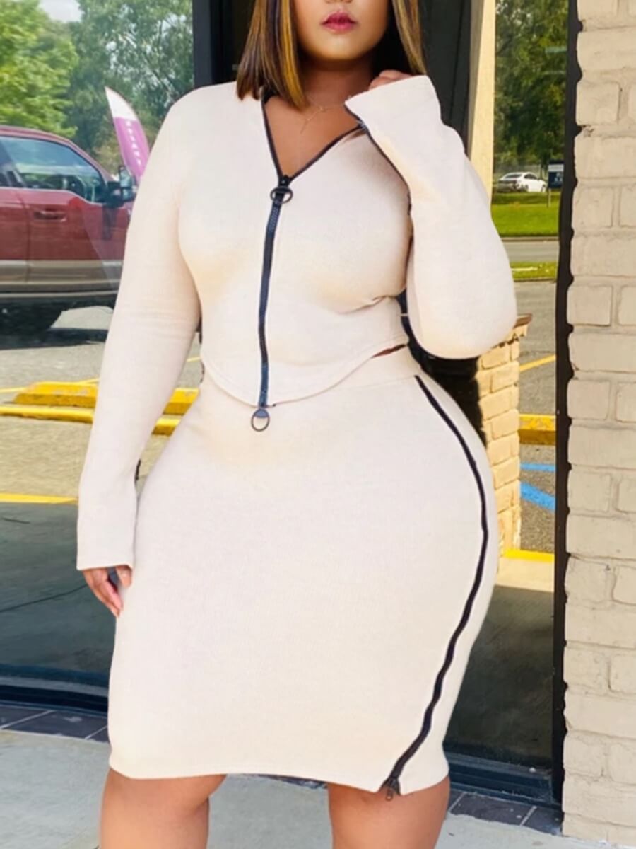 

Lovely Casual Zipper Design White Plus Size Two-piece Skirt Set