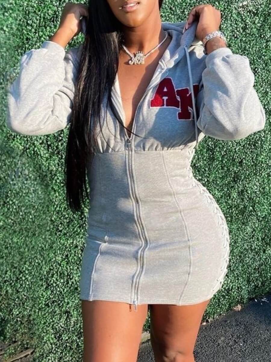 

Lovely Street Hooded Collar Print Zipper Design Grey Dress