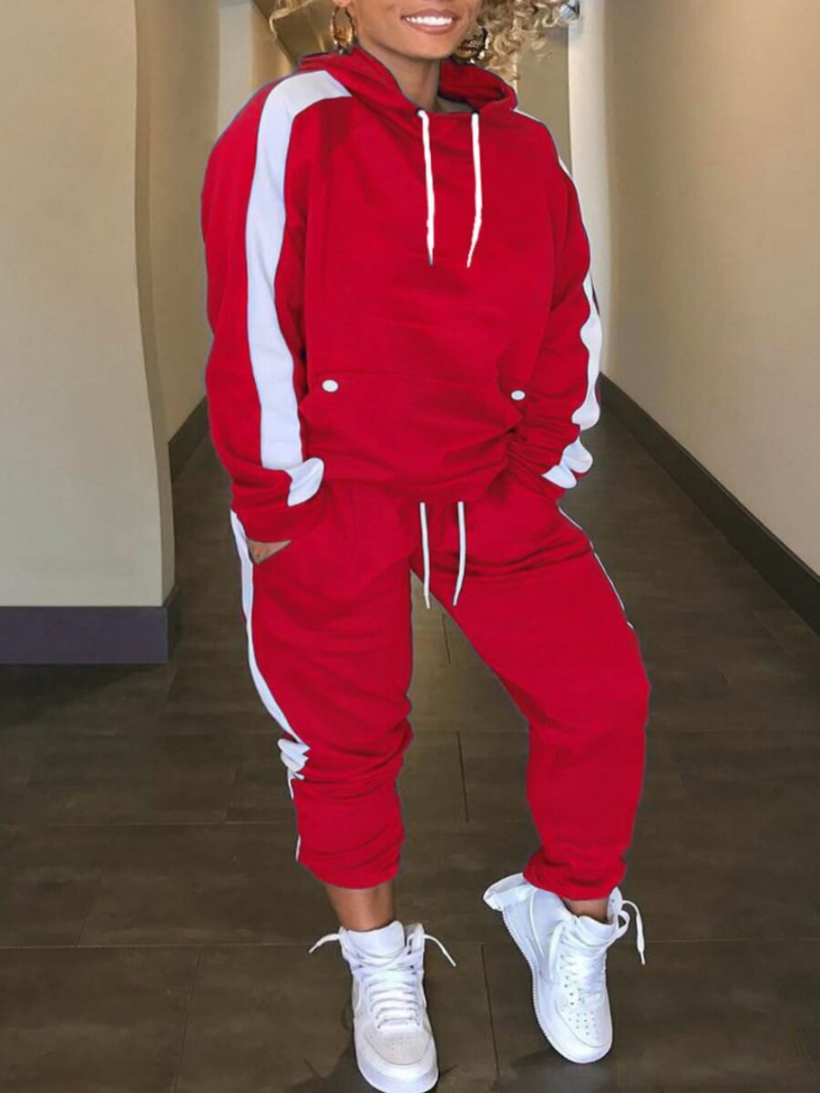 

Lovely Sportswear Hooded Collar Patchwork Red Two Piece Pants Set