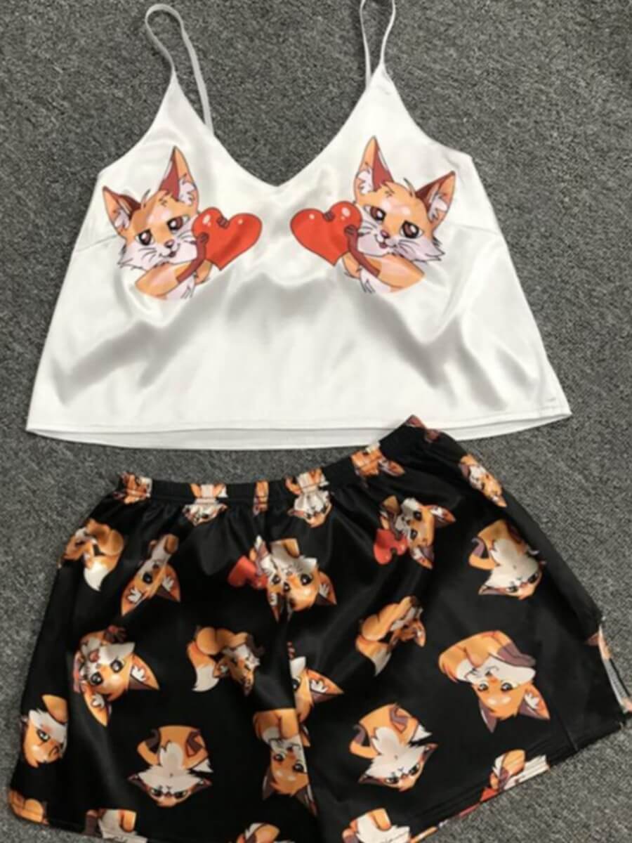 

Lovely Stylish Spaghetti Strap Print White Sleepwear