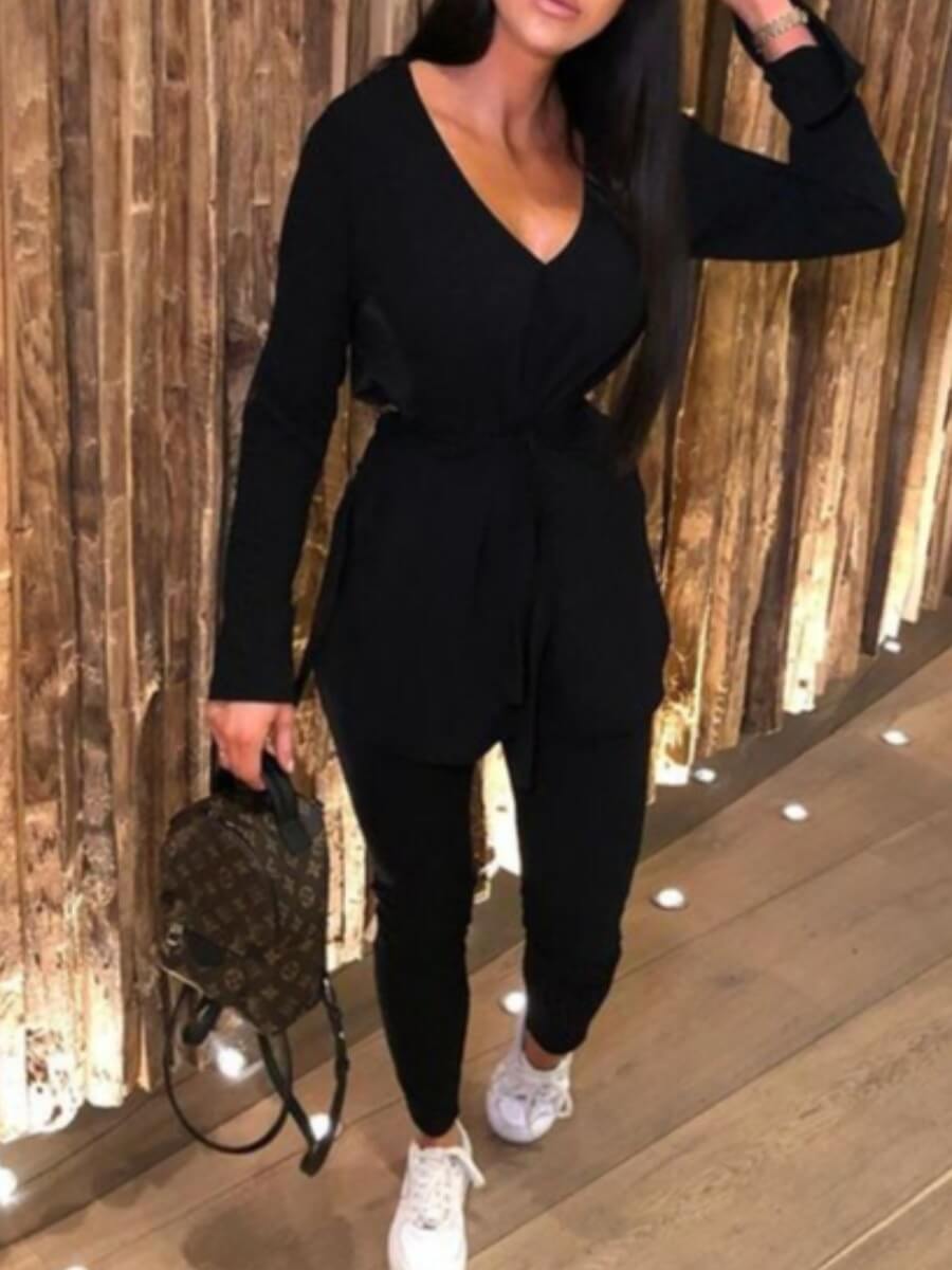 

Lovely Leisure V Neck Lace-up Blue Two Piece Pants Set, Black