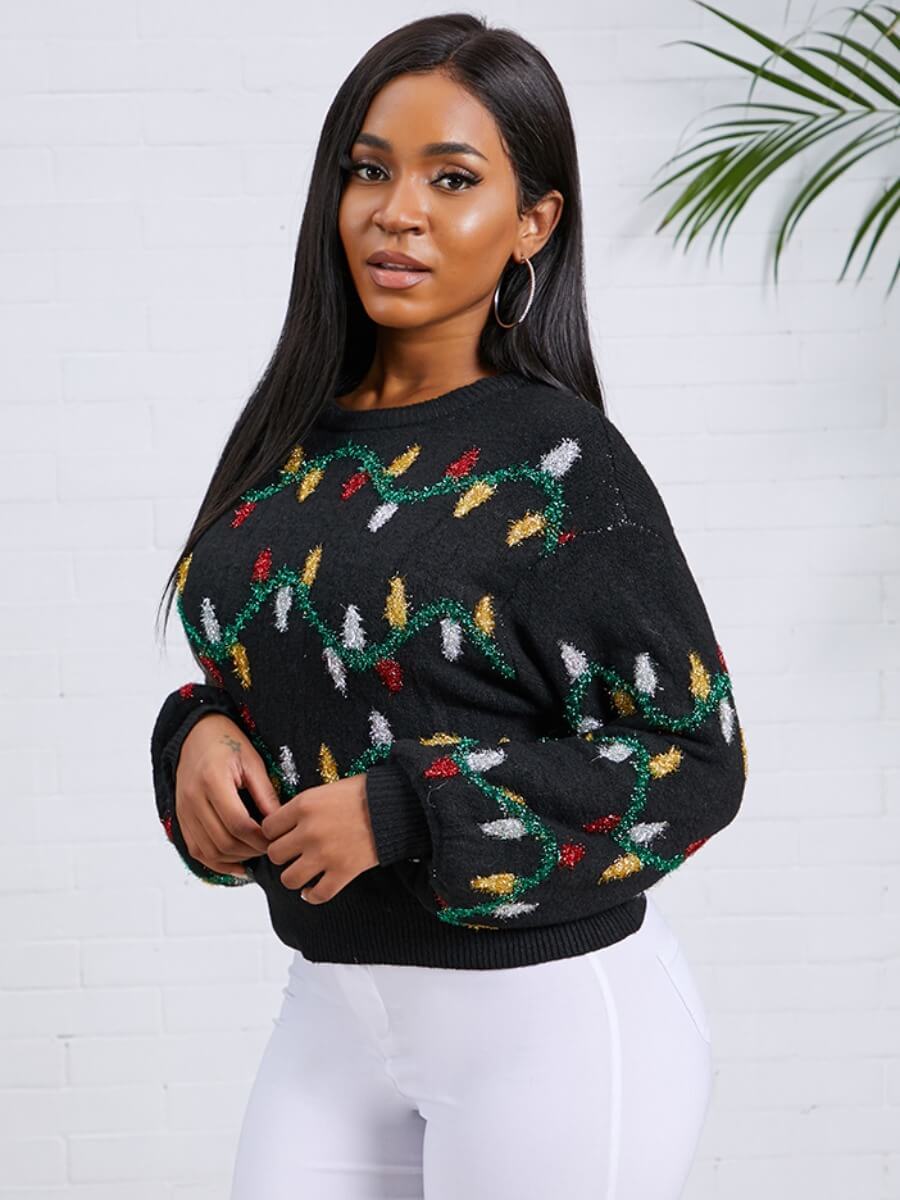 

Lovely Sweet O Neck Print Black Sweater