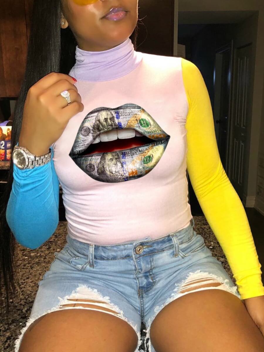 

Lovely Casual Turtleneck Lip Print Patchwork White Plus Size T-shirt