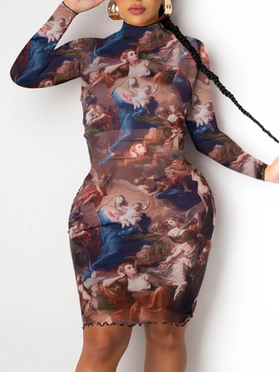 

Lovely Trendy Turtleneck Print Multicolor Knee Length Plus Size Dress, Multi