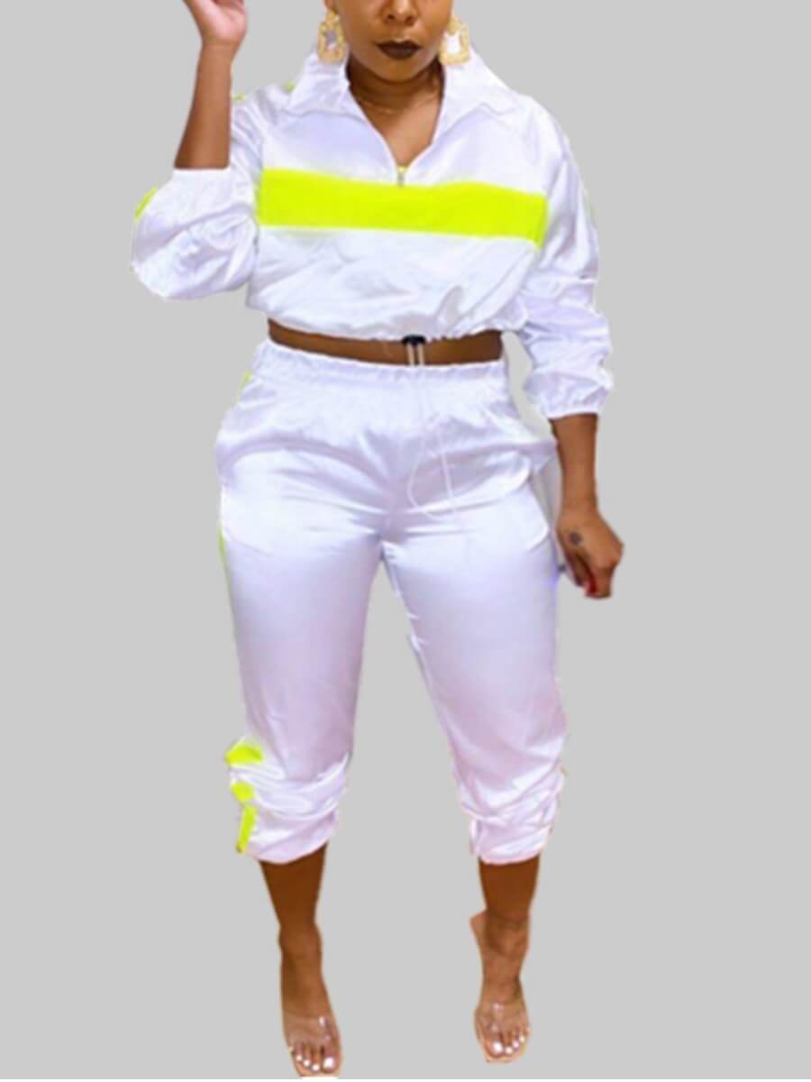 

Lovely Sportswear Turndown Collar Patchwork White Two Piece Pants Set