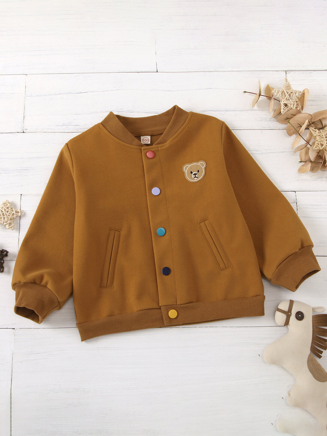 

Lovely Sportswear Mandarin Collar Buttons Design Coffee Girl Coat