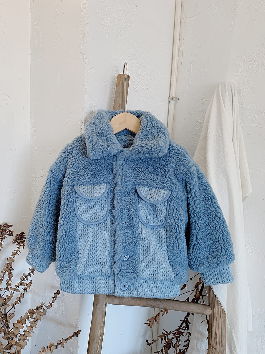 

Lovely Trendy Shirt Collar Patchwork Baby Blue Girl Coat