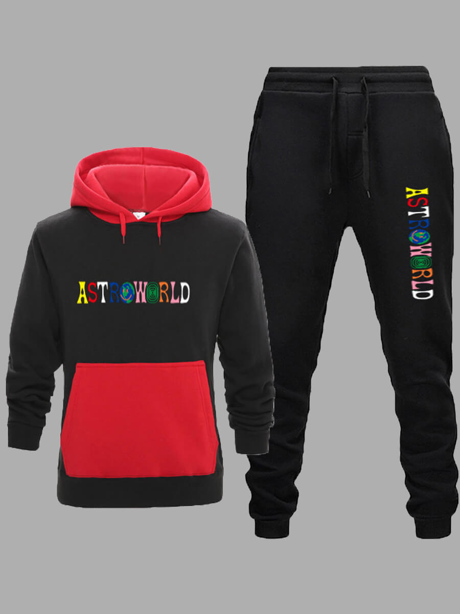 

Lovely Leisure Hooded Collar Letter Print Patchwork Black Men Two-piece Pants Set