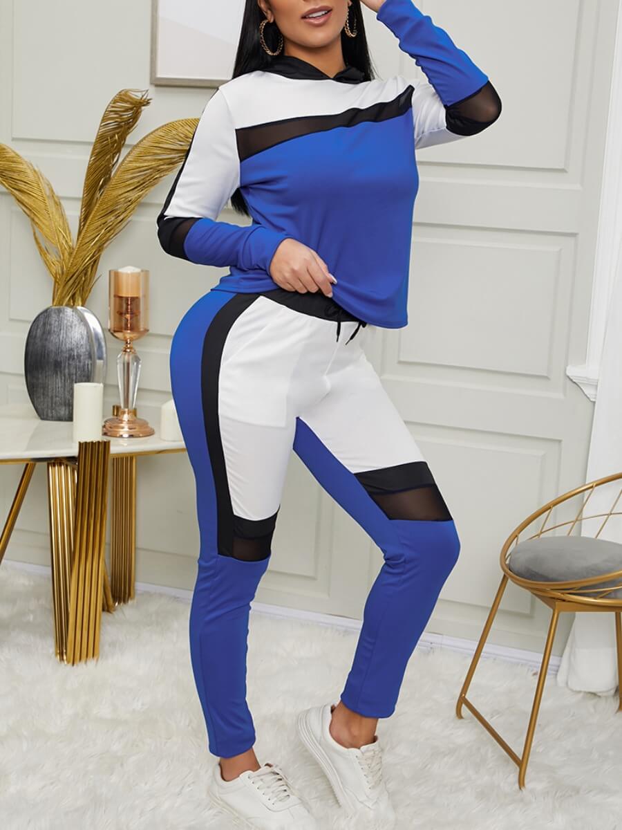 

Lovely Sportswear Hooded Collar Patchwork Blue Two Piece Pants Set