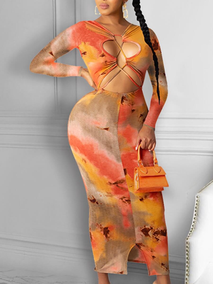 

Lovely Trendy Tie-dye Bandage Design Orange Ankle Length Dress