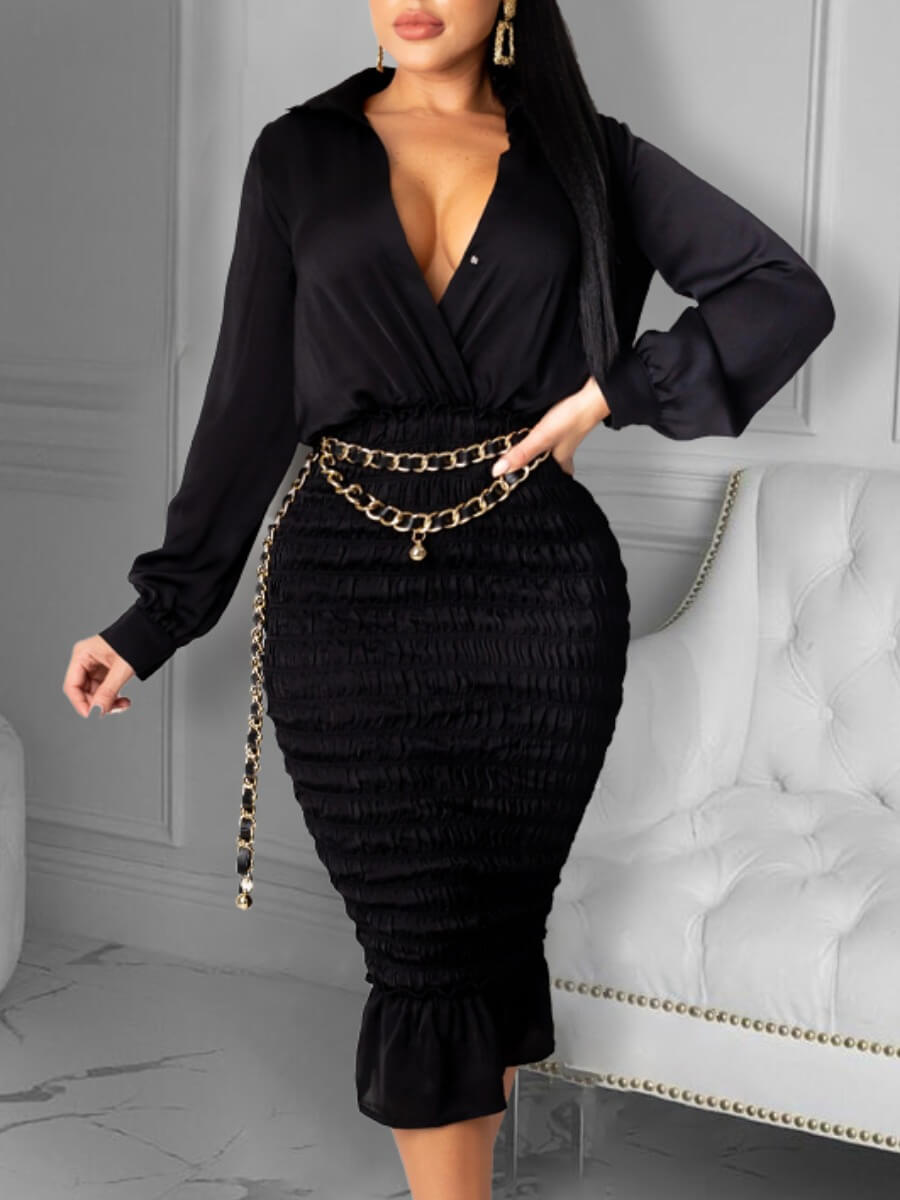 

Lovely Trendy Turndown Collar Fold Design Black Mid Calf Dress