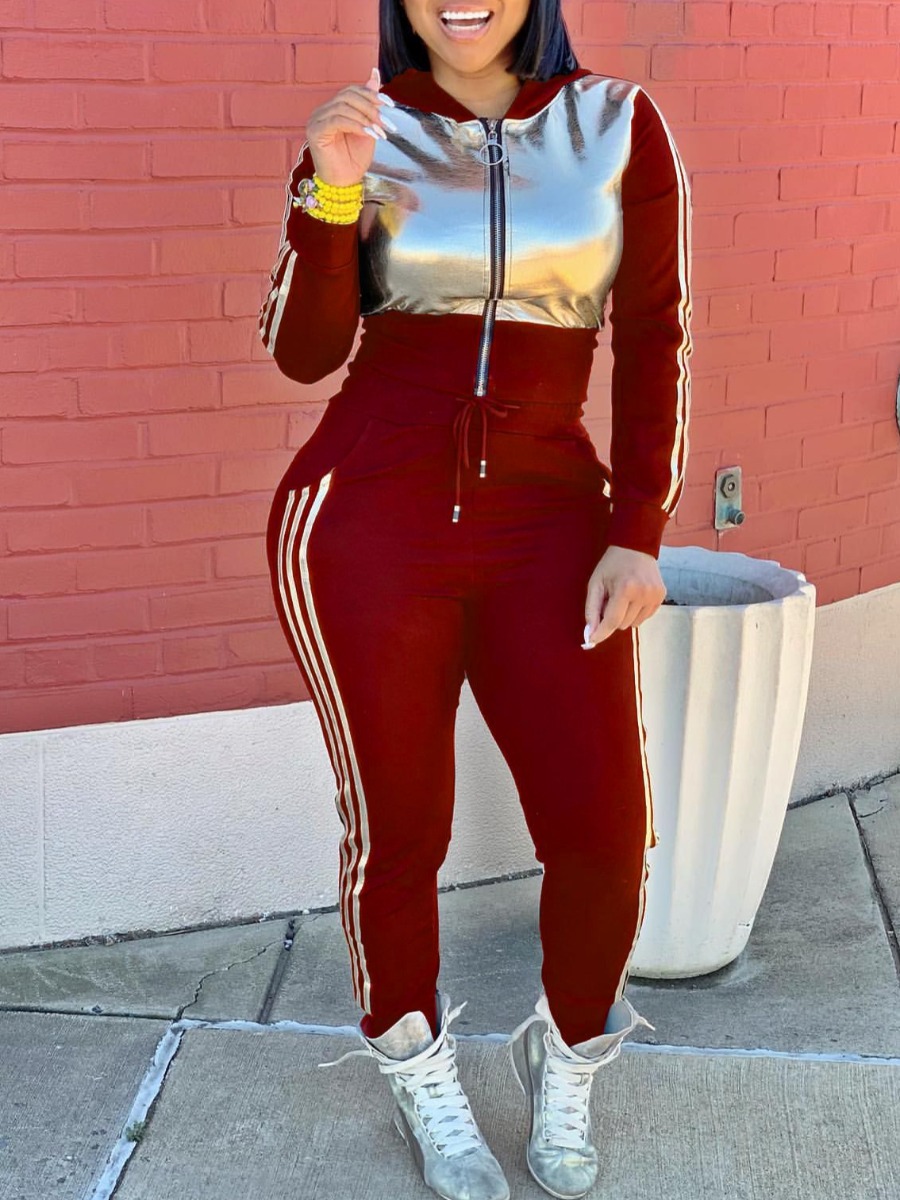

Lovely Sportswear Patchwork Zipper Design Red Two Piece Pants Set
