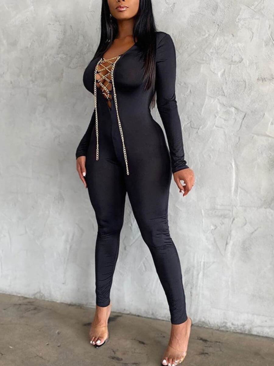 

Lovely Sext Bandage Design Skinny Black One-piece Jumpsuit