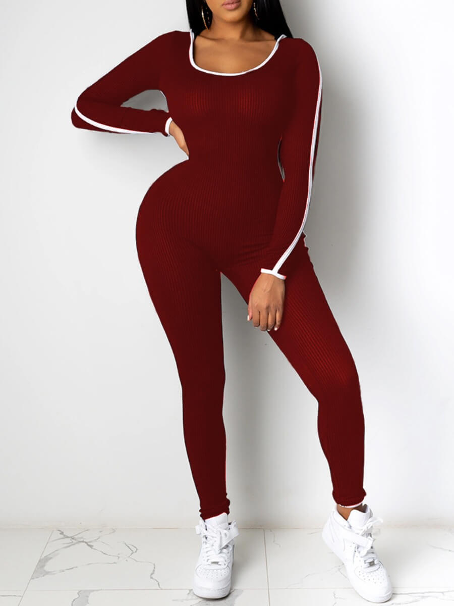 

Lovely Sportswear U Neck Patchwork Wine Red One-piece Jumpsuit