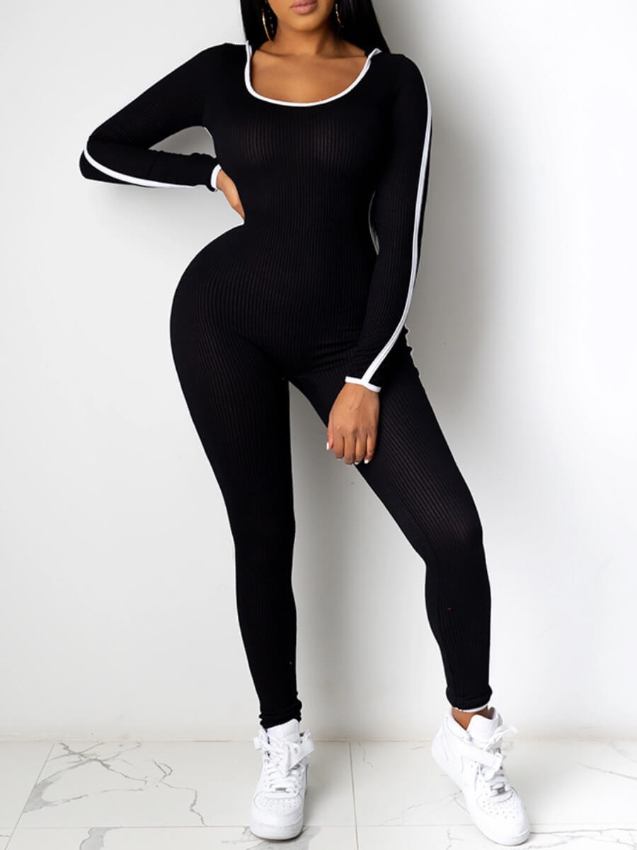 

Lovely Sportswear U Neck Patchwork Black One-piece Jumpsuit