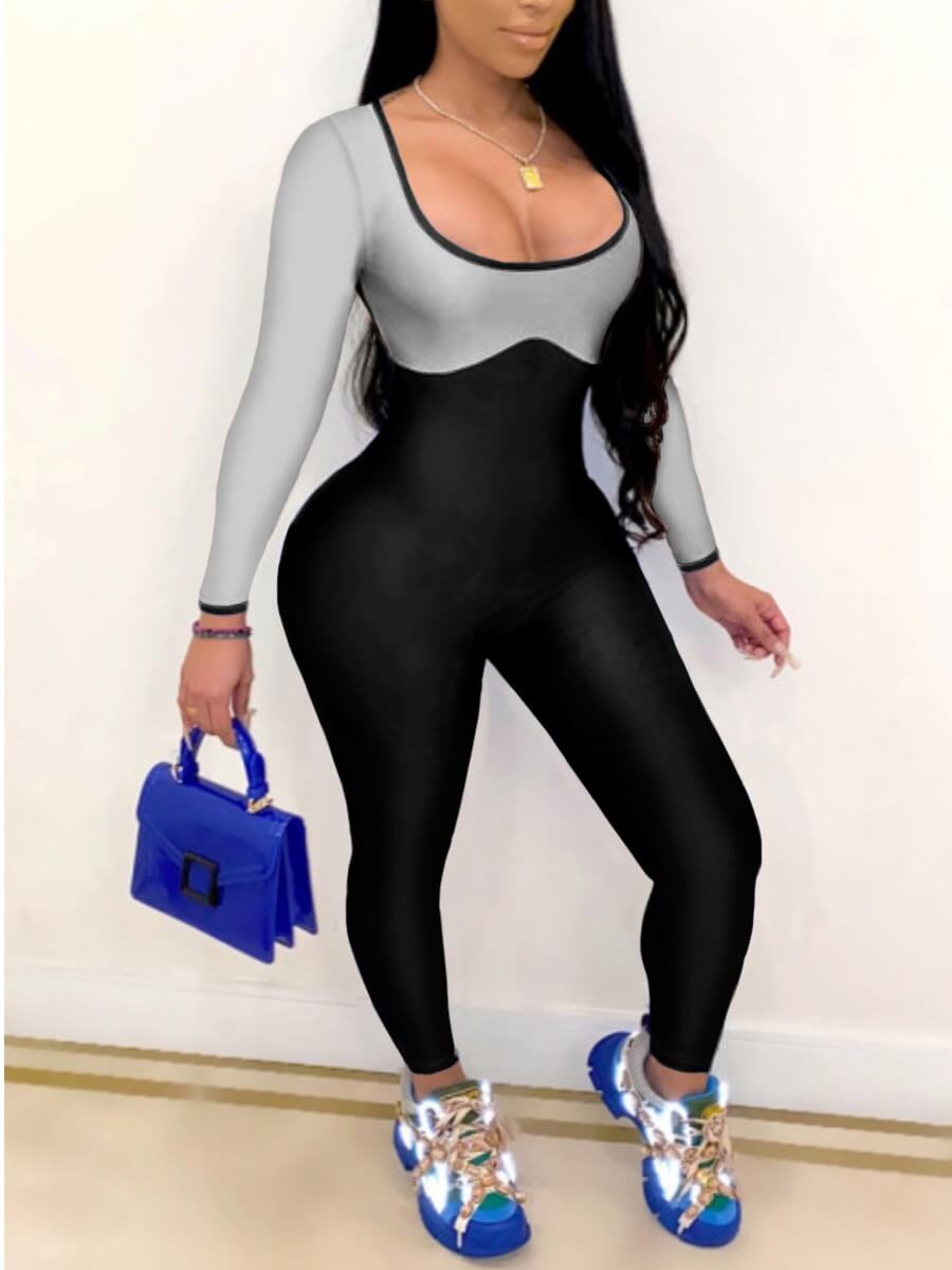 

Lovely Sportswear U Neck Patchwork Grey One-piece Jumpsuit