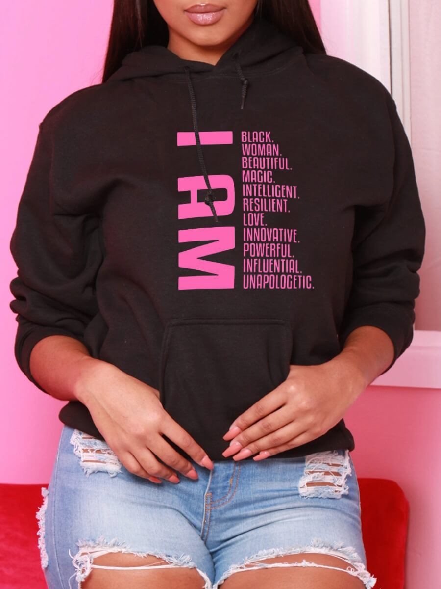 

LW Hooded Collar Letter Print Hoodie, Black