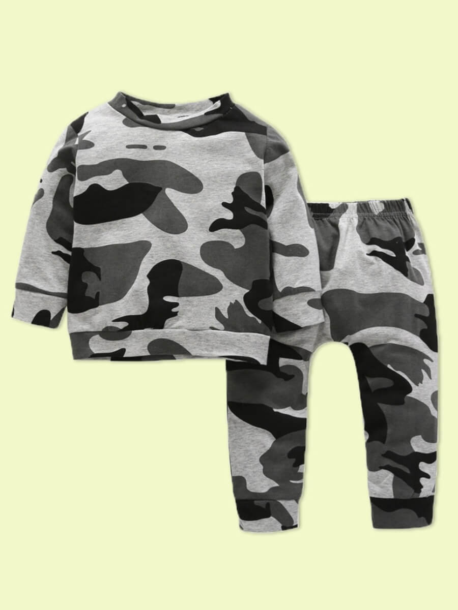 

Lovely Sportswear O Neck Camo Print Grey Boy Two-piece Pants Set, Gray camouflage