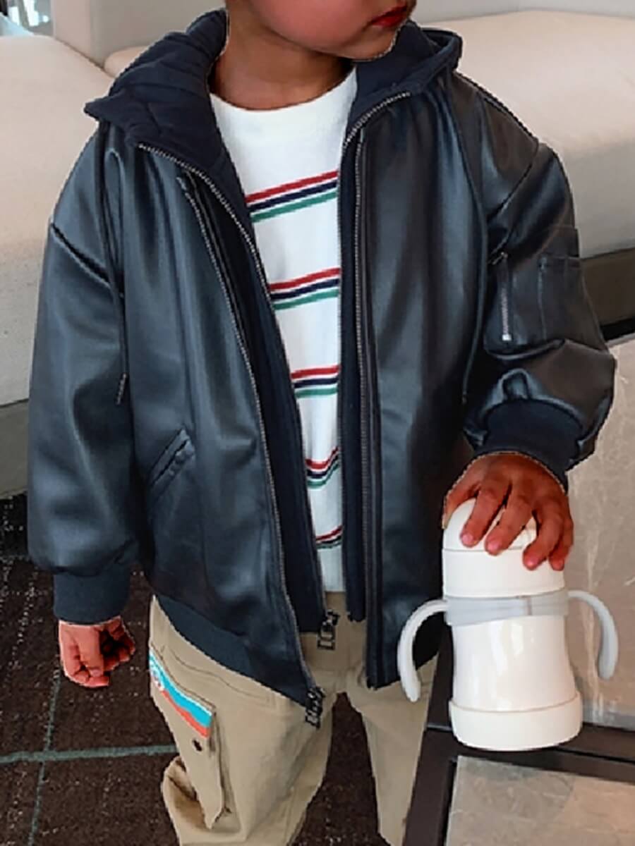 

Lovely Street Hooded Collar Zipper Design Black Boy Coat