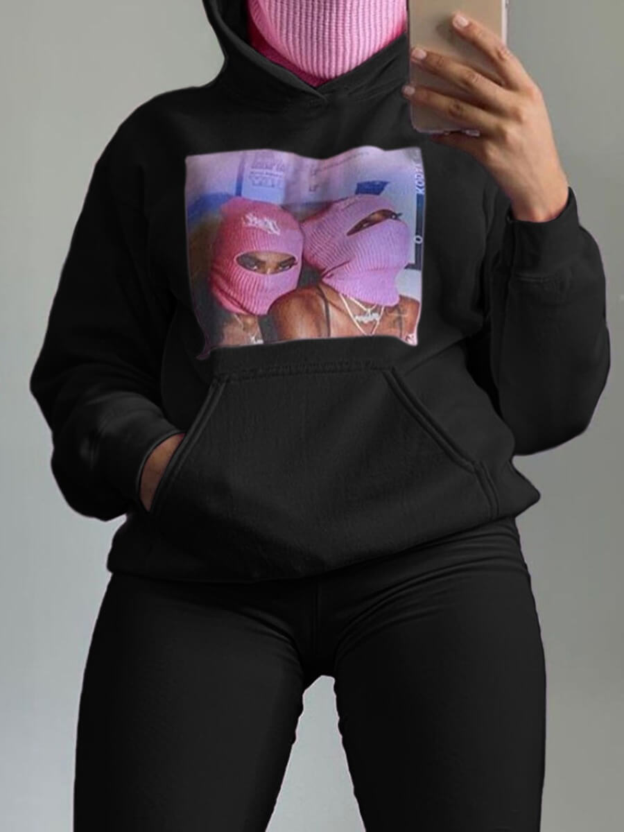 

Lovely Leisure Hooded Collar Print Black Hoodie