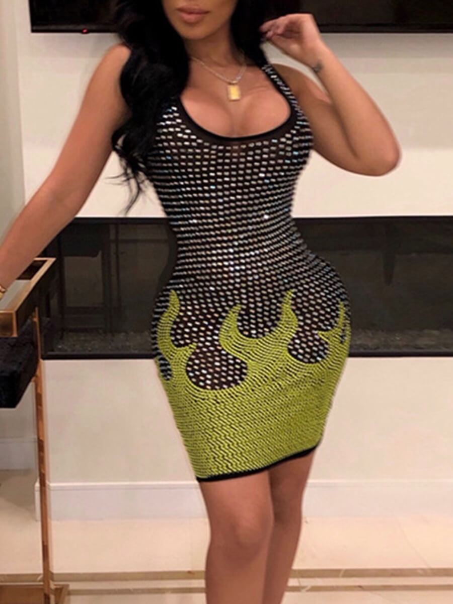 

Lovely Sexy U Neck Hot Drilling Decorative Black Mini Dress