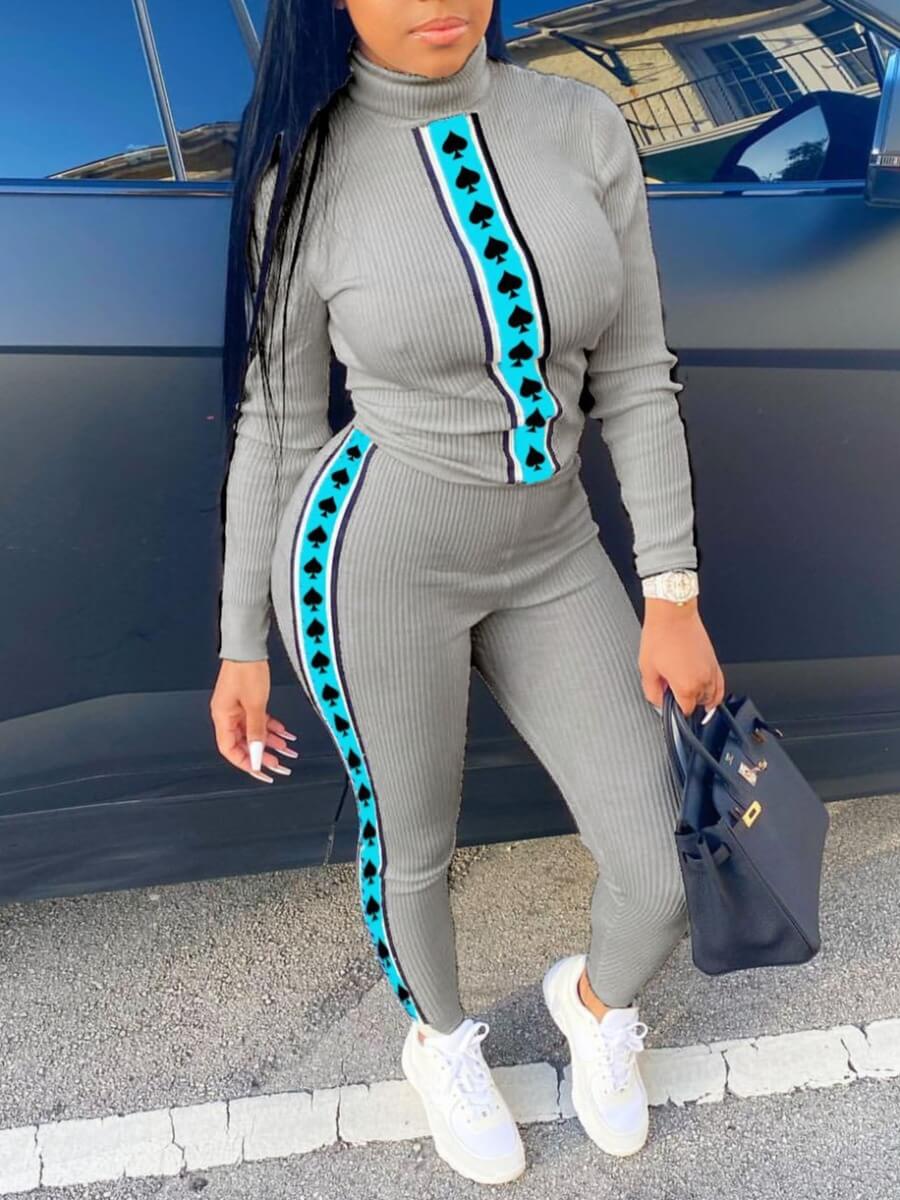 

Lovely Casual Turtleneck Print Patchwork Grey Two Piece Pants Set